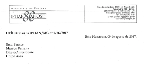 Ofício do IPHAN em Minas Gerais endereçado ao Grupo Asas