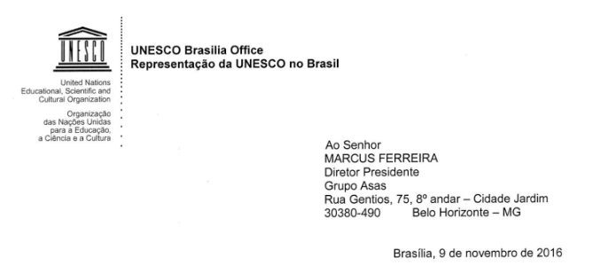 Carta da Representação da UNESCO no Brasil endereçada ao Grupo Asas